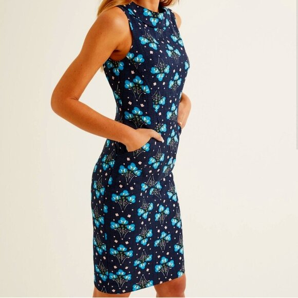 Boden Martha Navy & Blue Floral Sleeveless Roll Collar Sheath Pencil Dress 14 - Picture 3 of 11